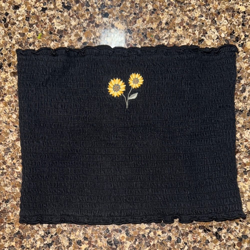 PacSun Black Smocked Tube Top with Sunflower Embroidery